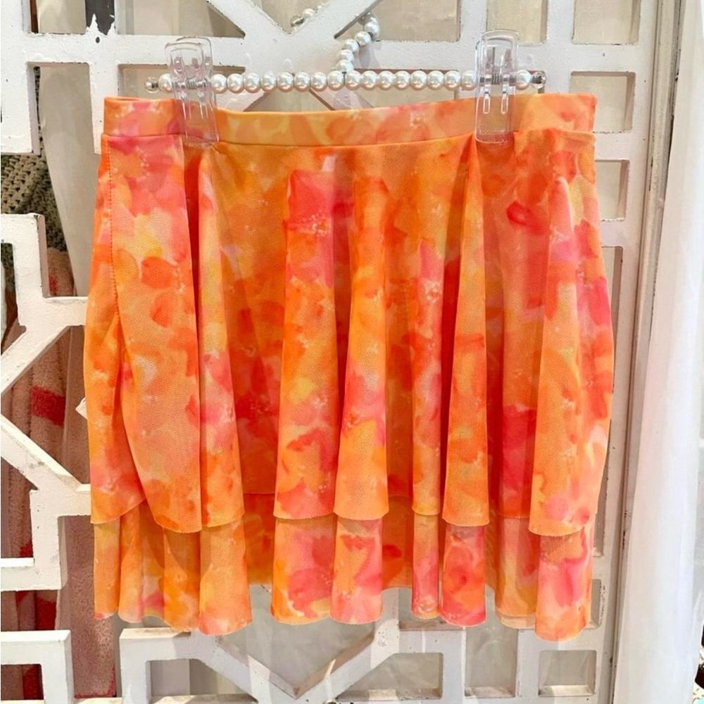 Y2K Orange/Pink floral tiered Swim Coverup Skirt